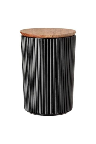 OEM Storage jar with vertical embossed stripes, wooden lid with silicone ring, black/beige, 900 ml
