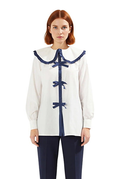 PayBuy A Must-Have in Women's Wardrobe Peter Pan collar Long Sleeve Ribbon Detailed Woven Fabric Shirt Stylish