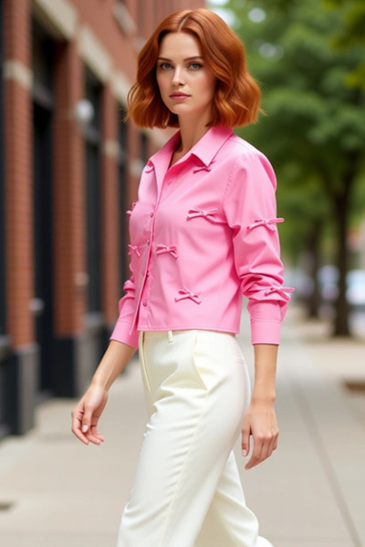 PayBuy Women's Bow Detail Woven Boxy Shirt Long Sleeve Relaxed Fit Stylish Look Spring Autumn