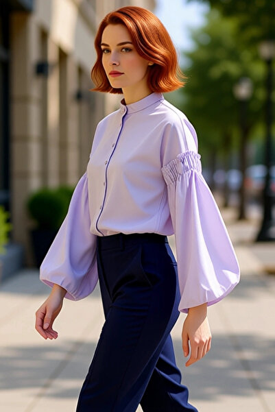 PayBuy Women's Relaxed Fit High Neck Balloon Sleeve Detailed Plain Woven Tunic Shirt Adding Elegance to Your Casual Style