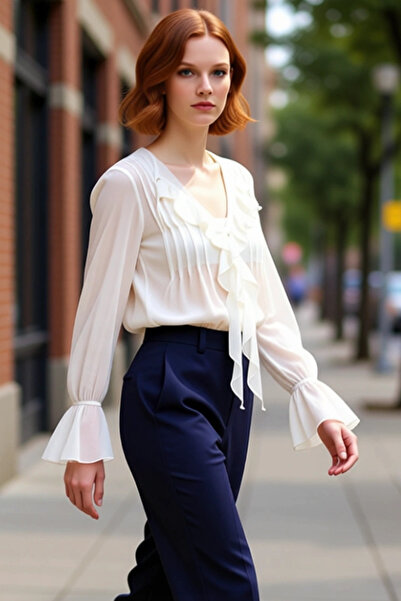 PayBuy Women's Ruffle Detail Chiffon Blouse Long Sleeve Relaxed Fit Spring Autumn Combinations Modern