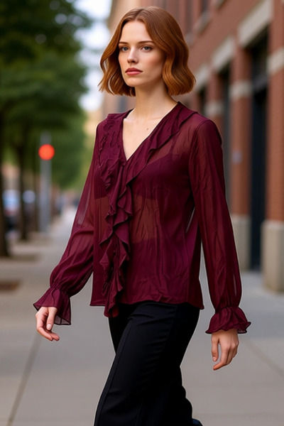 PayBuy Women's Wrinkled Look Chiffon Blouse V-Neck Long Sleeve Casual Stylish Shirt Design Functional