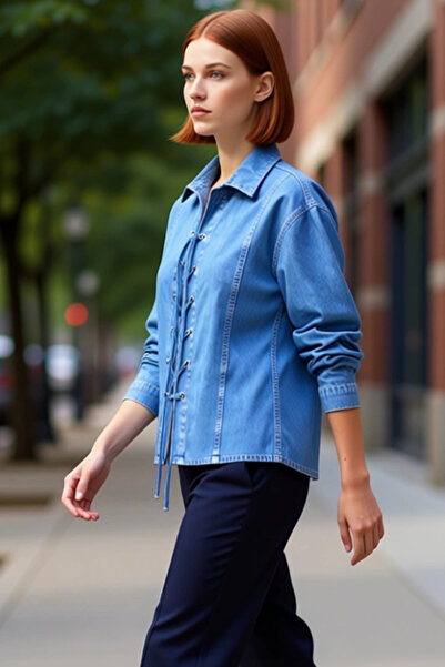 PayBuy Women's Lace-Up Detailed Denim Shirt Regular Fit Spring Autumn Style and Comfort Aesthetic