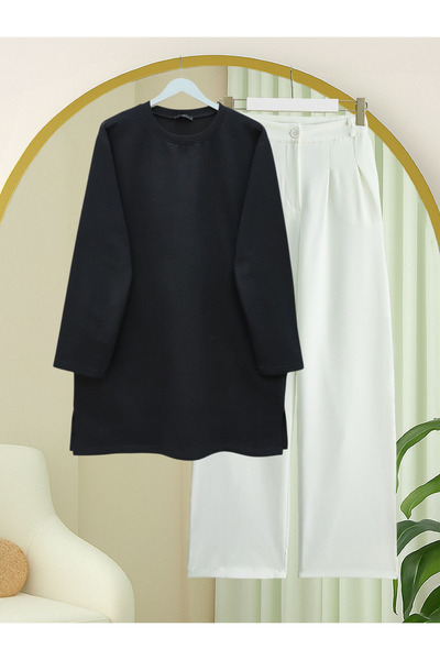 Modamorfo Round Neck Slit Casual Combed Cotton Tunic -Black