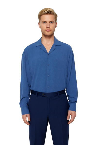 PayBuy Men's Oversized Fit Apache Collar Long Sleeve Plain Pattern Woven Linen Look Shirt Summer Style