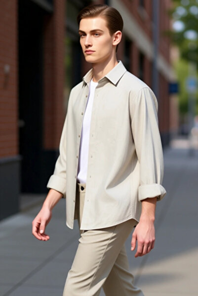 PayBuy Men's Oversized Fit Woven Linen Look Shirt Collar Long Sleeve Shirt Casual Elegance Stylish