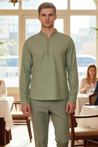 PayBuy Men's Slim Fit Hakim Collar Half Placket Long Sleeve Cotton Woven Linen Look Shirt Stylish