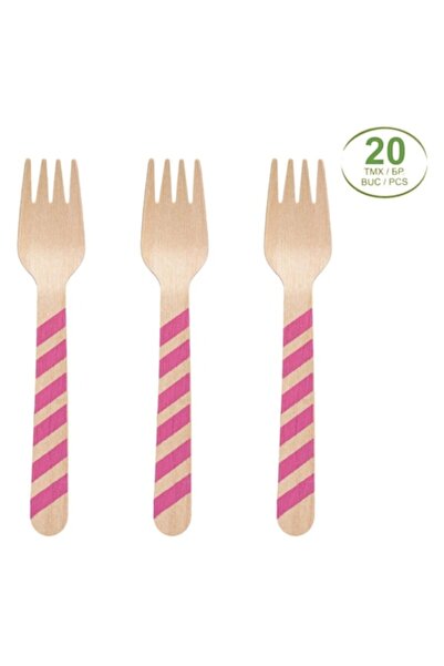 OEM Wooden Forks Set 20 pcs, Fuchsia Stripes, 16 cm