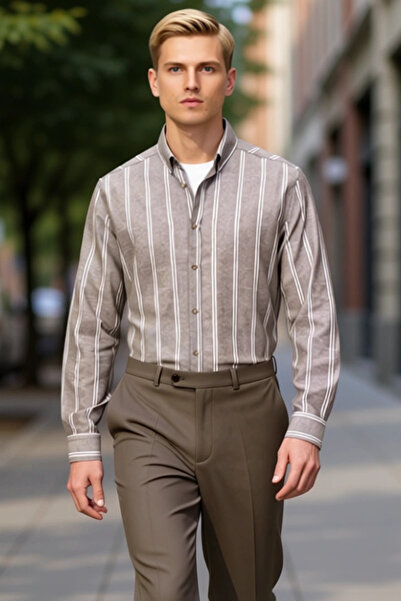 PayBuy Men's Striped Button-Down Collar Long Sleeve Slim Fit Shirt Modern Elegance Ideal Choice Everyday Comfort