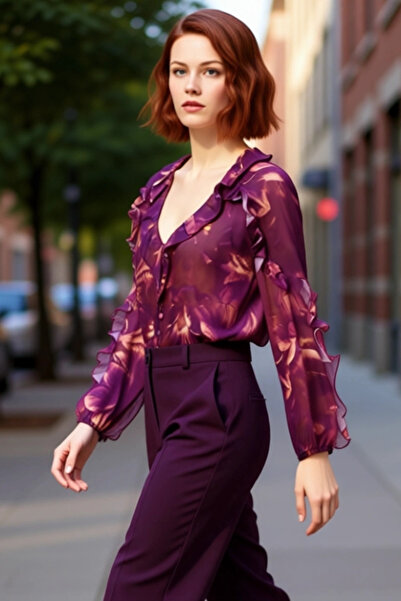 PayBuy Women's Chiffon Woven Floral Patterned Ruffle Detailed Long Sleeve V-Neck Shirt Elegance and Comfort