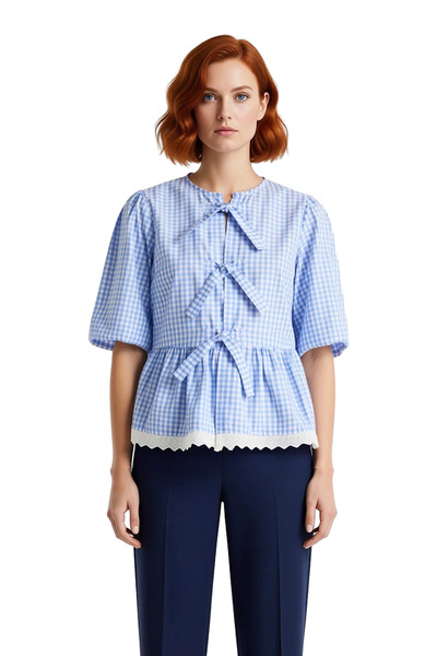 PayBuy Bluză țesută pentru femei cu model în carouri, cu legături în față și detaliu din dantelă, stilul de vară oferă estetică