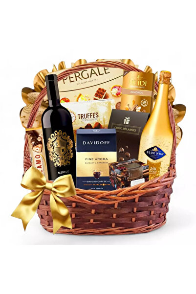 CADOURI RAFINATE Coș cadou elegant Golden Glow – Vinuri și dulciuri premium