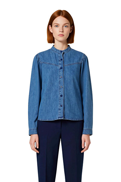 PayBuy Women's Stitching Detail Court Collar Long Sleeve Denim Shirt Relaxed Fit Everyday Elegance Durable