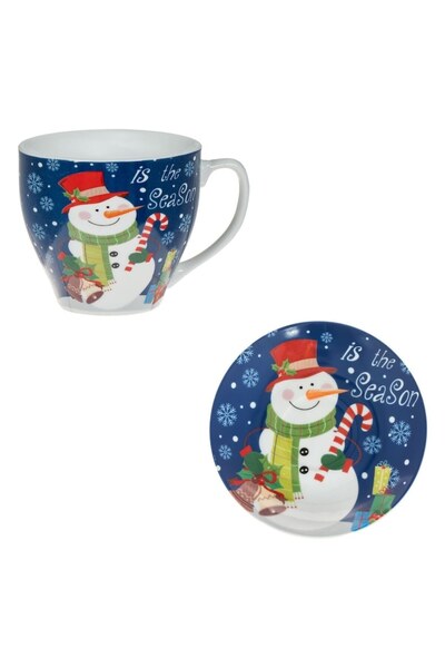 OEM Set de cești și farfurioare din porțelan, om de zăpadă de Crăciun, albastru, 220 ml