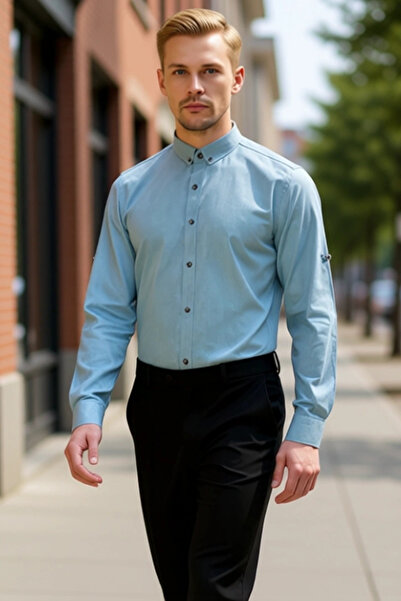 PayBuy Men's Linen Look Buttoned Collar Epaulette Detailed Slim Fit Long Sleeve Summer Cotton Shirt