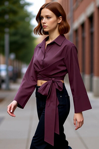 PayBuy Kadın Bağlama Detaylı Crop Kesim Dokuma Gömlek Regular Kalıp Uzun İspa...