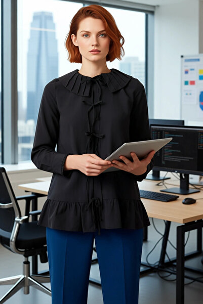 PayBuy Cămașă pentru femei guler tip Peter Pan cu mâneci lungi, cu detaliu de șireturi, cu volane, cu aspect confortabil și elegant