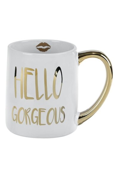 OEM White Ceramic Mug with Gold Handle 'Hello Gorgeous' Print 500ml