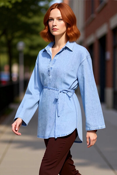 PayBuy Women's Oversized Denim Tunic Shirt Lace-Up Functional Durable Quality Comfortable Aesthetic