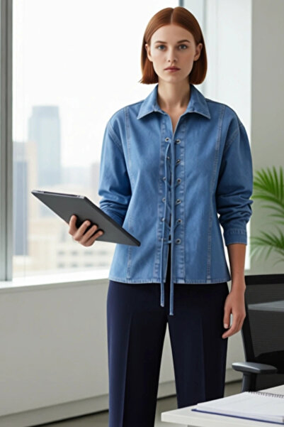 PayBuy Women's Lace-Up Detailed Denim Shirt Regular Fit Spring Autumn Style and Comfort Aesthetic