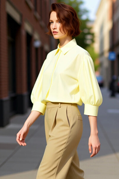 PayBuy Women's Balloon Sleeve Plain Shirt Classic Collar Relaxed Fit Casual Chic Summer Outfits Modern Look