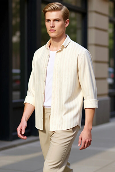 PayBuy Men's Regular Fit Striped Cotton Viscose Linen Blend Breathable Long Sleeve Shirt Stylish