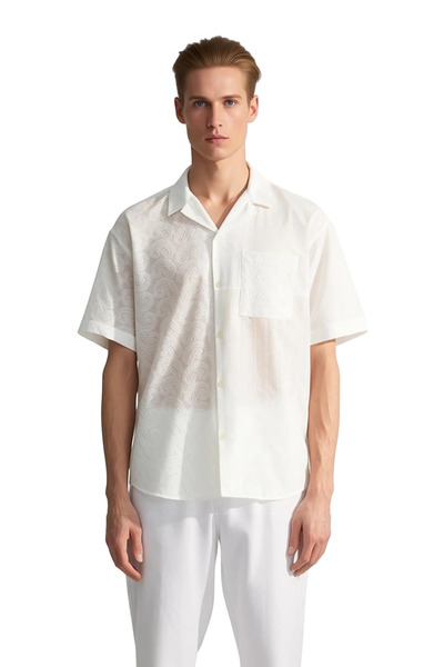 PayBuy Men's Oversized Embroidered Patterned Summer Shirt Modern Cut Lapel Collar Comfortable Short Sleeve Casual