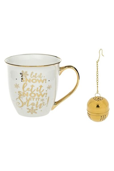 OEM Cană de Crăciun ISJ2641, Mâner auriu, Filtru metalic, 600 ml, Alb