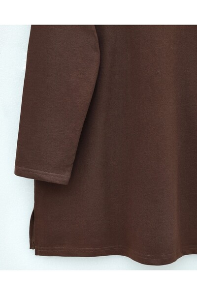 Modamorfo Round Neck Slit Casual Combed Cotton Tunic - Brown