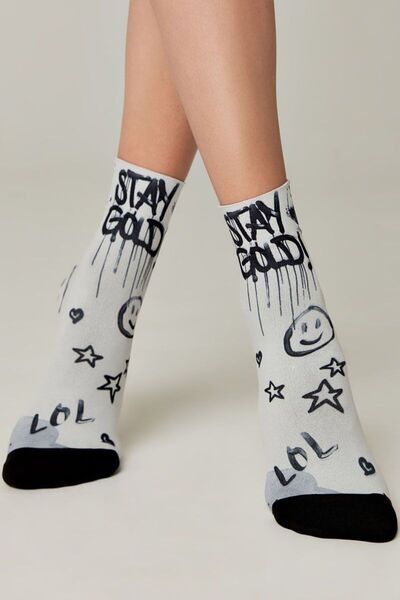 Conte Elegant Funny socks with graffiti print, Conte Fantasy 906 - Black-White, 36-39 (23-25)