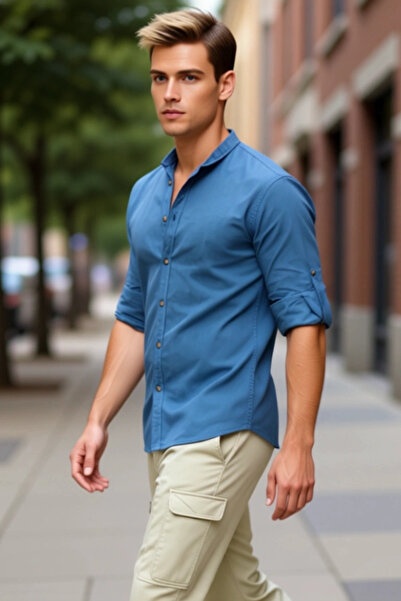 PayBuy Men's Slim Fit Judge Collar Plain Pattern Long Sleeve Cotton Linen Look Stylish Casual Shirt Sports