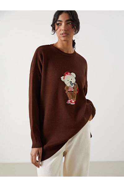 LC Waikiki Bear Teddy Embroidered Oversize Women's Knitwear Tunic
