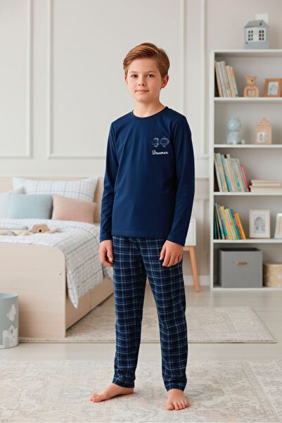 LİLA İÇ GİYİM Хлопчачий комплект піжами з довгими рукавами в клітинку