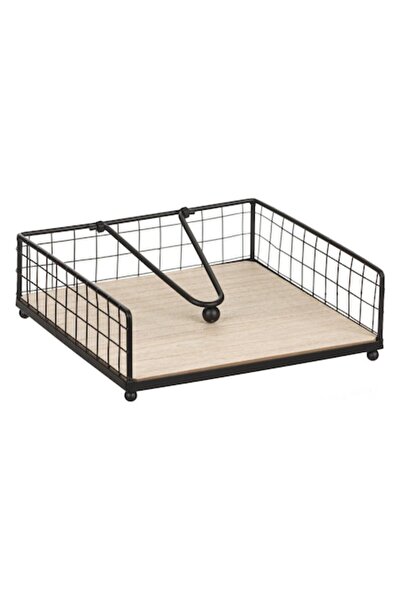 OEM Black metal napkin holder with wooden base & clip 17x17x5cm