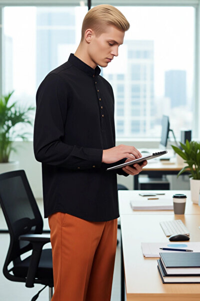 PayBuy Men's Slim Fit Hakim Collar Half Placket Long Sleeve Cotton Woven Linen Look Shirt Stylish