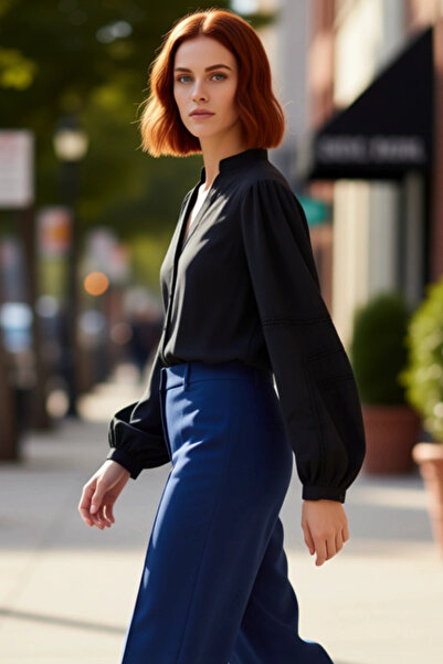 PayBuy Bumbac pentru femei supradimensionat croială Guler înalt cu mâneci bufante Cămașă elegantă cu detalii Funcțional Durabil