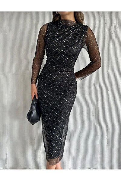 Noctiva Gümüş Puantiye Detaylı Tül Kol Astarlı Siyah Midi Elbise