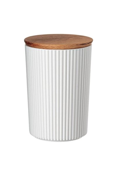 OEM Storage container with vertical embossed stripes, wooden lid with silicone ring, plastic, white/beig