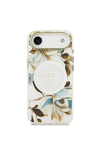 Guess iPhone 17 Air Case Licensed M-Safeli Glittery Floral Pattern Metal Camera Frame Cover White
