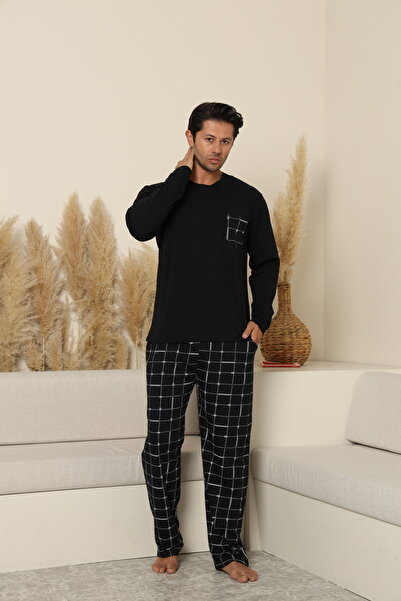 Serena Men's black pajamas with long plaid pants – 100% cotton