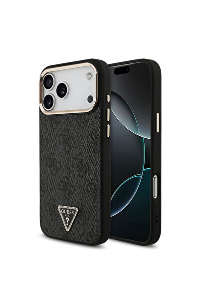 Guess iPhone 17 Pro Max Uyumlu Kılıf Lisanslı M-safeli Taşlı Üçgen Logo 4G Desenli Kapak Siyah