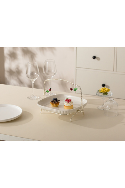 Malooki Porcelain serving platter with decorated metal stand, 29.5 cm