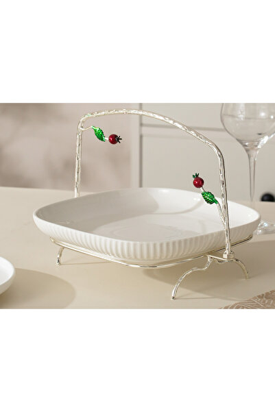 Malooki Porcelain serving platter with decorated metal stand, 29.5 cm