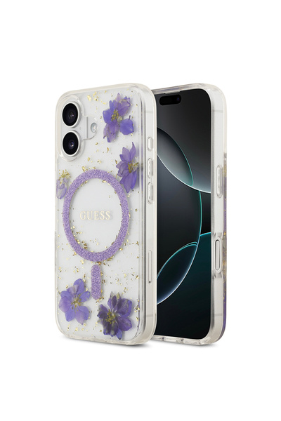 Guess iPhone 17 Compatible Case Original Licensed M-Safe Featured Transparent Resin Flowers Cover Purple