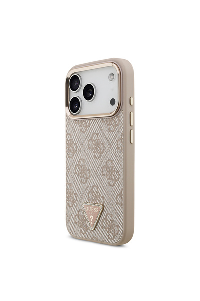 Guess iPhone 17 Pro Case Licensed M-Safeli Gold Camera Frame with Stone Triangle Logo 4g Patterned Pink