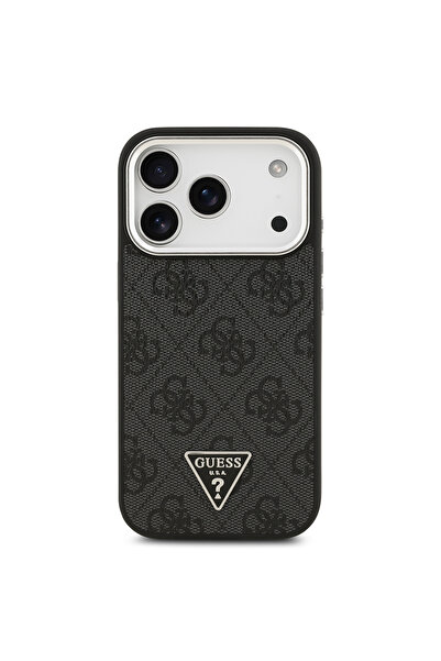 Guess iPhone 17 Pro Case Licensed M-Safeli Silver with Camera Frame Triangle Logo 4g Patterned Black