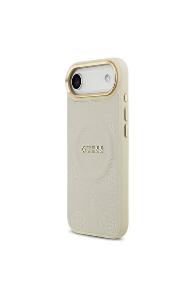 Guess iPhone 17 Air Compatible Case Licensed M-Safeli Hot Stamping Letter Logo Pu Leather Peony Cover Beige