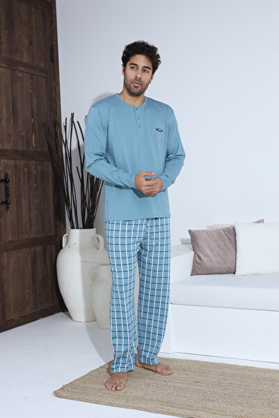 Serena Blue men's pajamas - blouse with buttons and metallic detail, long plaid pants