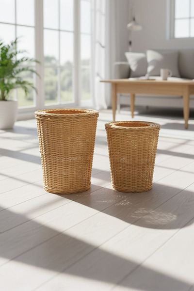 Kitchen Life Handmade Rattan Look 2-Piece Trash Can Set - Bathroom and Office Trash Can