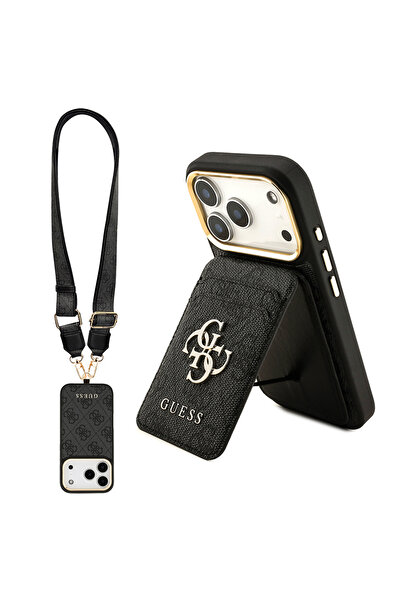 Guess iPhone 17 Pro Compatible Case Licensed M-Safe Featured with Strap and 4g Logo Card Holder Cover Black